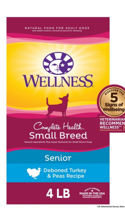 Wellness Complete Health Natural Small
Breed Senior Dog Food
Turkey & Peas (4 lb)