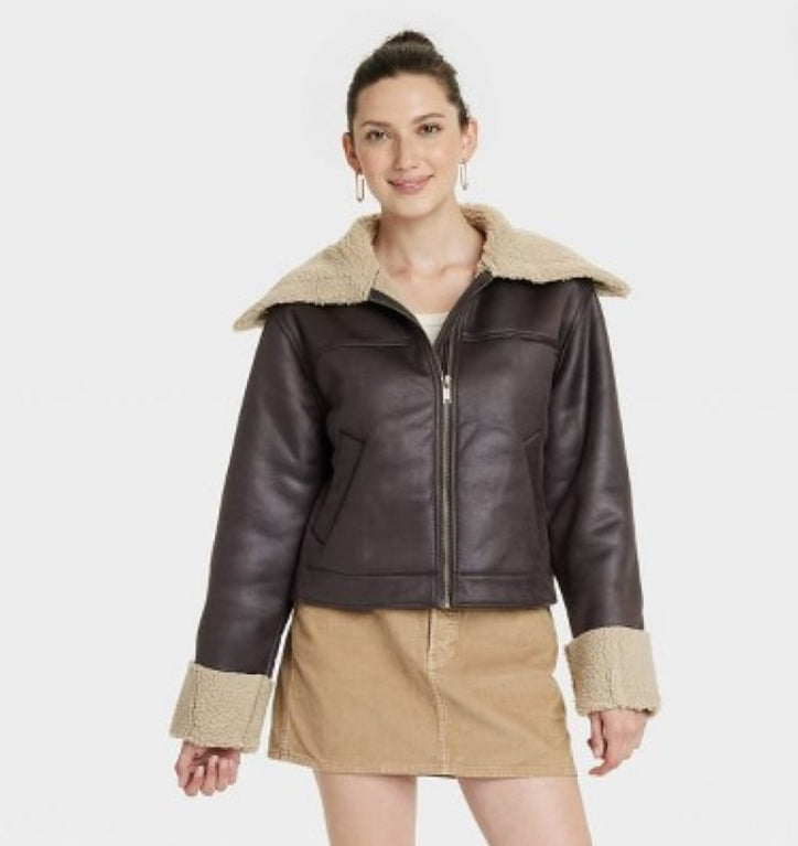 Universal Thread Womens Brown Faux Leather Shearling Jacket