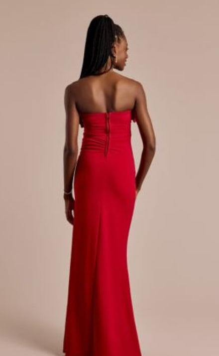 Emerald Sundae Strapless
Crepe Sheath Dress with Ruffle Neckline Red