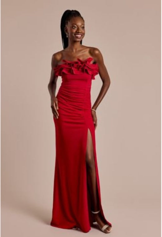 Emerald Sundae Strapless
Crepe Sheath Dress with Ruffle Neckline Red