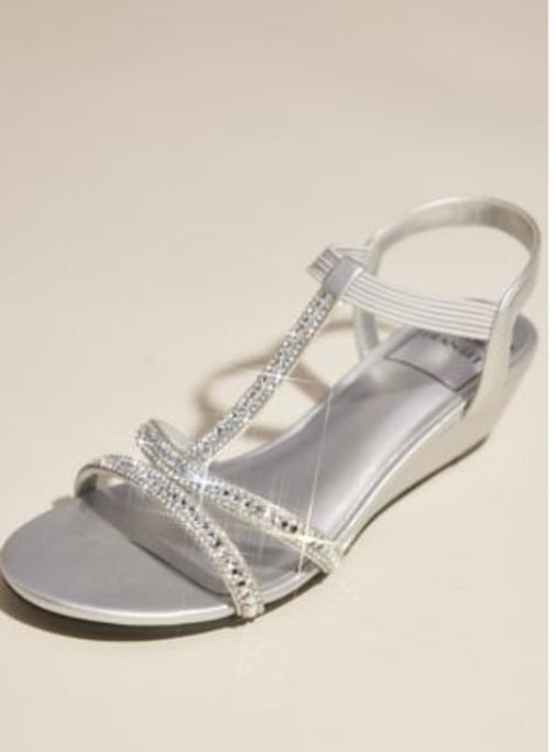 iKimK New York Transit Silver Rhinestone T-Strap Low Wedge Heels
