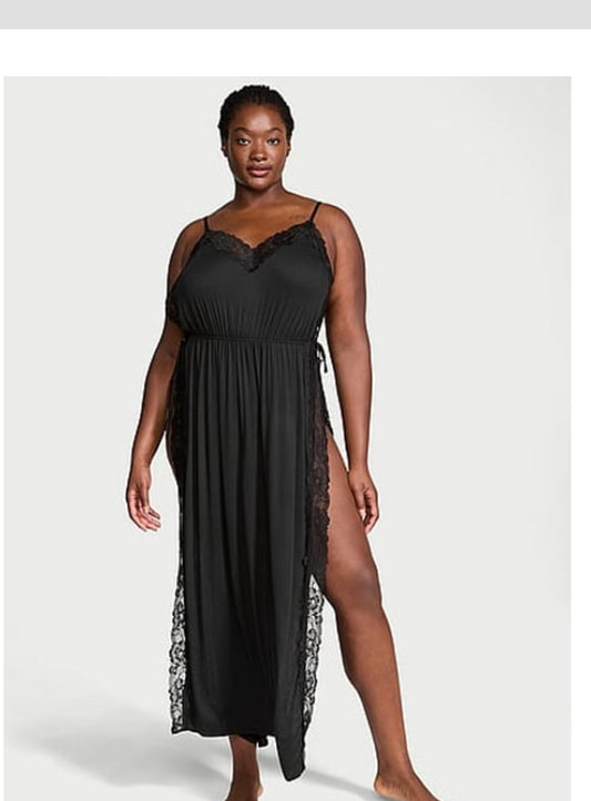iKimK Victoria's Secret Ribbed Modal Lace-Trim Long Slip Dress Black