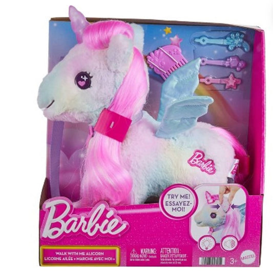 iDrSeuss Barbie Walk with Me Allicorn Plush Toy with Lights and Sound, Stuffed Animal Set with Accessories