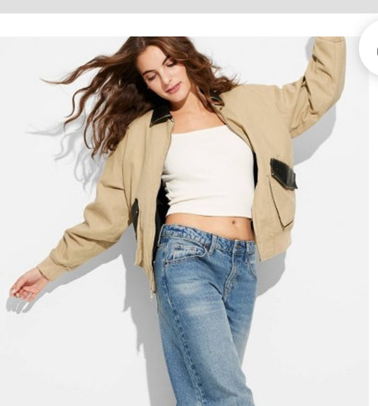 iGraceland Wild Fable Women's Tan Canvas & Faux Leather Bomber Jacket